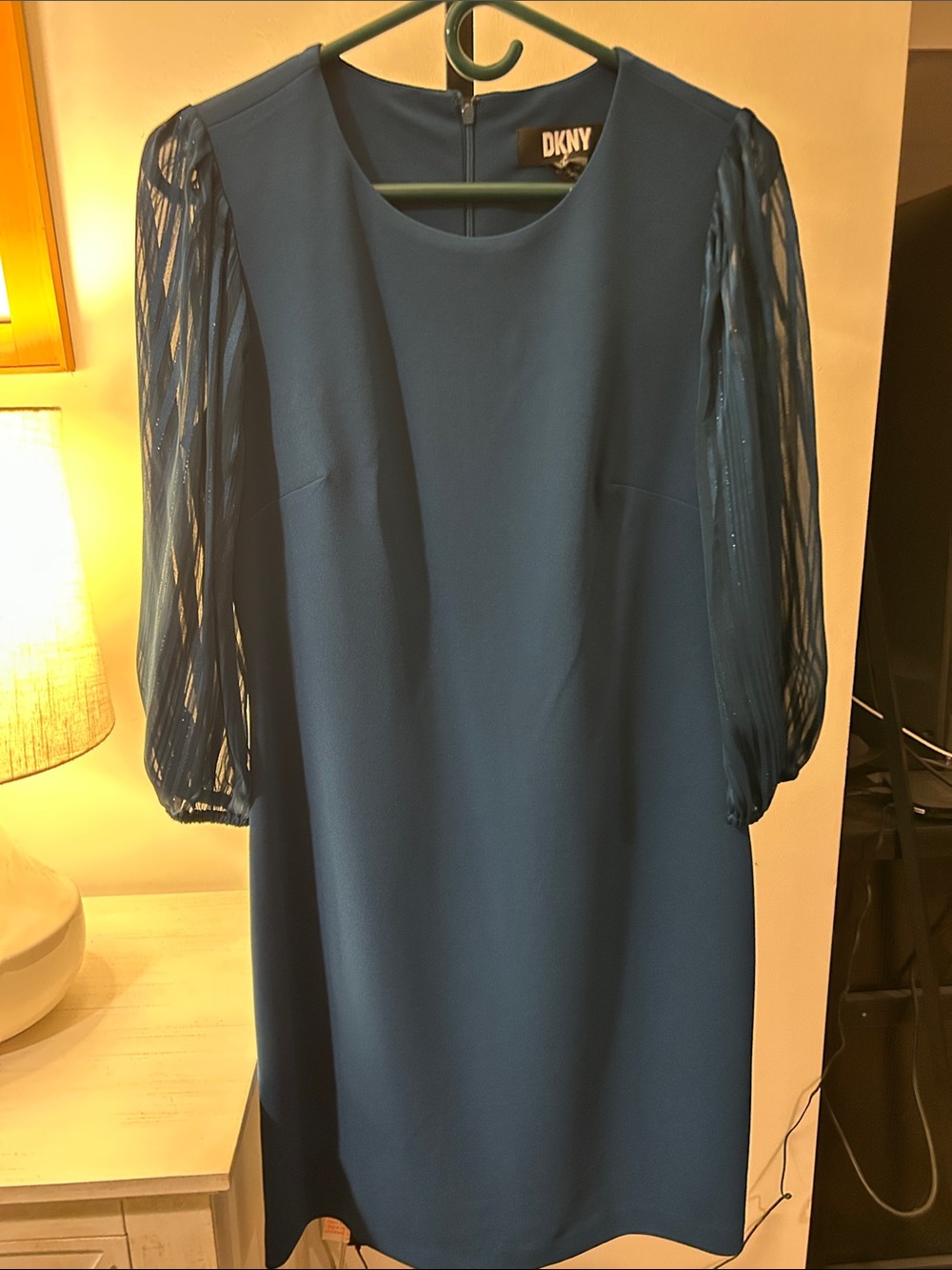 DKNY Teal Blue Midi Shift Dress with Sheer Bishop Sleeves